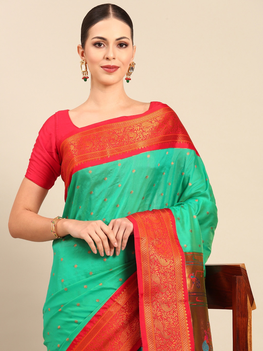 

Varkala Silk Sarees Ethnic Motifs Zari Silk Blend Designer Paithani Saree, Sea green