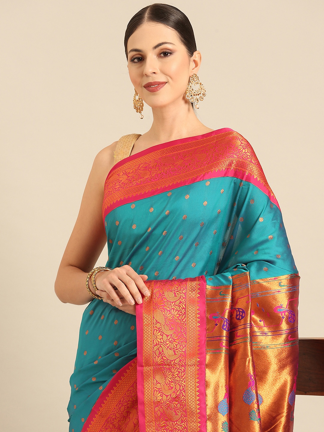 

Varkala Silk Sarees Ethnic Motifs Zari Paithani Saree, Teal