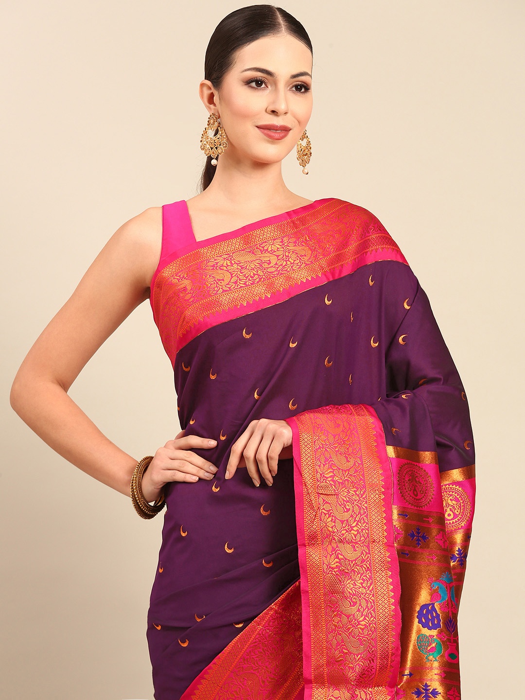 

Varkala Silk Sarees Ethnic Motifs Zari Silk Blend Designer Paithani Saree, Burgundy