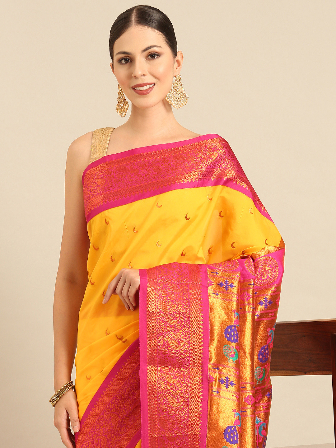 

Varkala Silk Sarees Ethnic Motifs Zari Paithani Saree, Gold