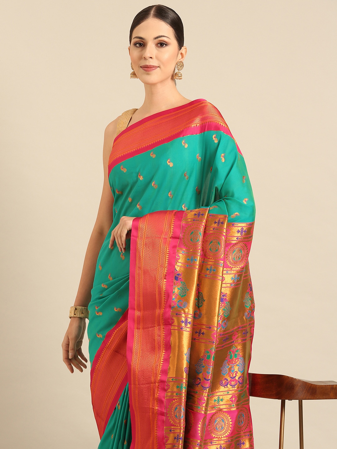 

Varkala Silk Sarees Ethnic Motifs Zari Paithani Saree, Sea green