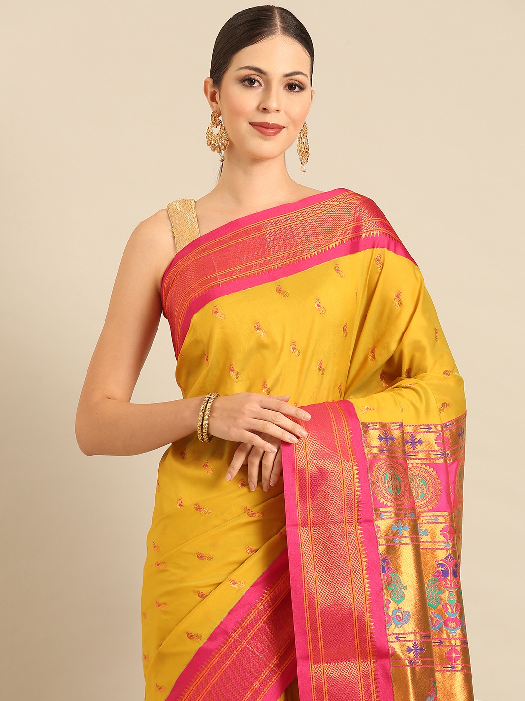 

Varkala Silk Sarees Ethnic Motifs Zari Paithani Saree, Beige