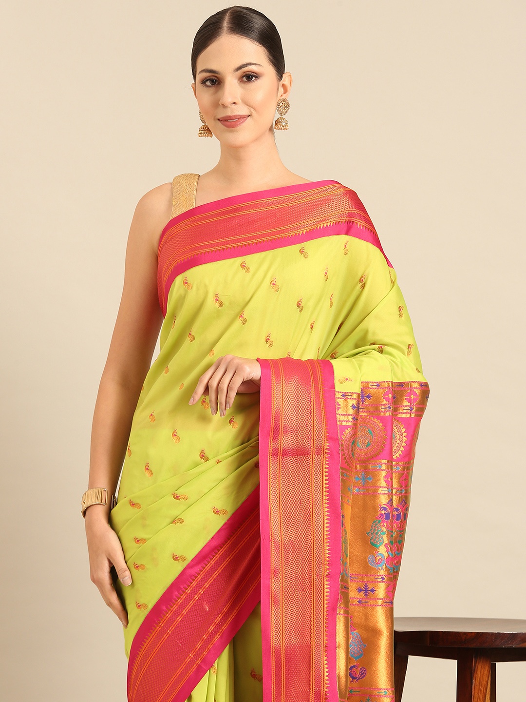 

Varkala Silk Sarees Ethnic Motifs Zari Paithani Saree, Fluorescent green