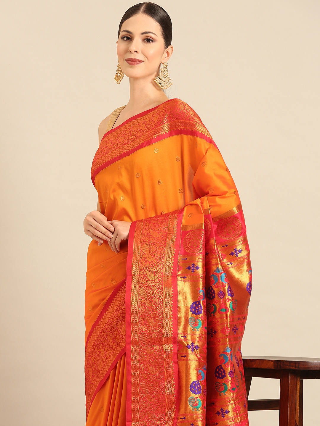 

Varkala Silk Sarees Ethnic Motifs Zari Paithani Saree, Orange