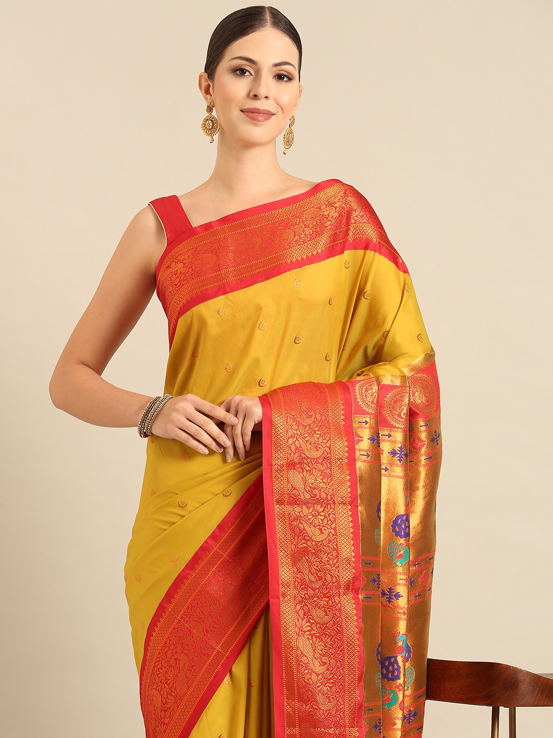 

Varkala Silk Sarees Ethnic Motifs Zari Paithani Saree, Beige