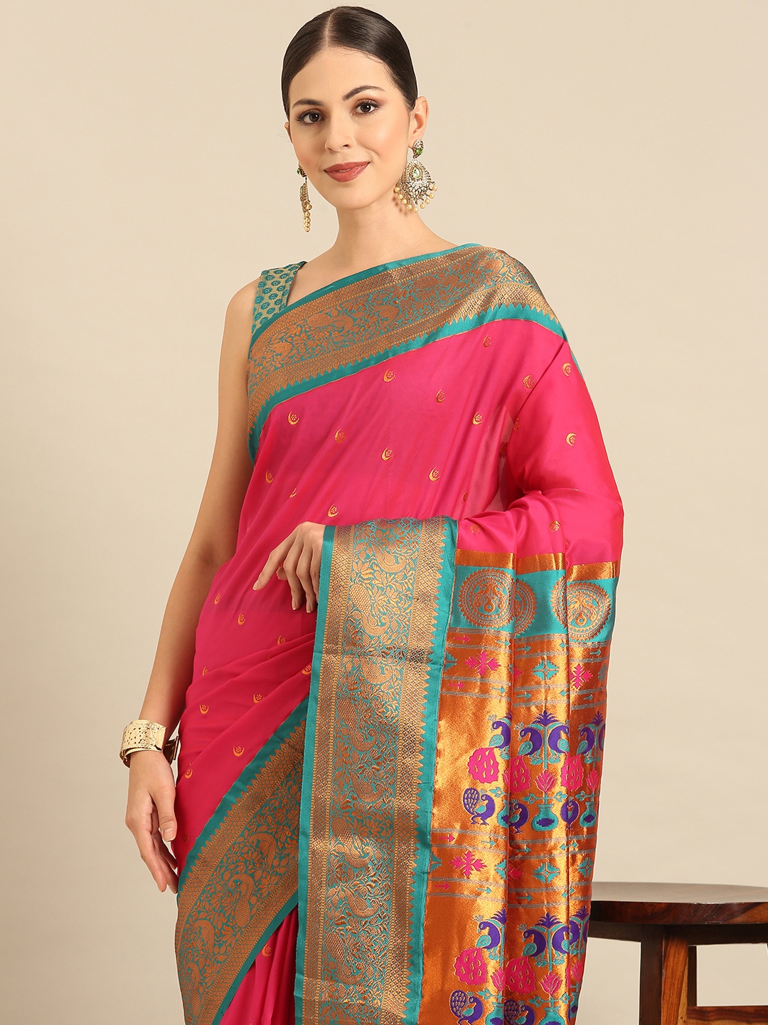 

Varkala Silk Sarees Ethnic Motifs Zari Paithani Saree, Pink