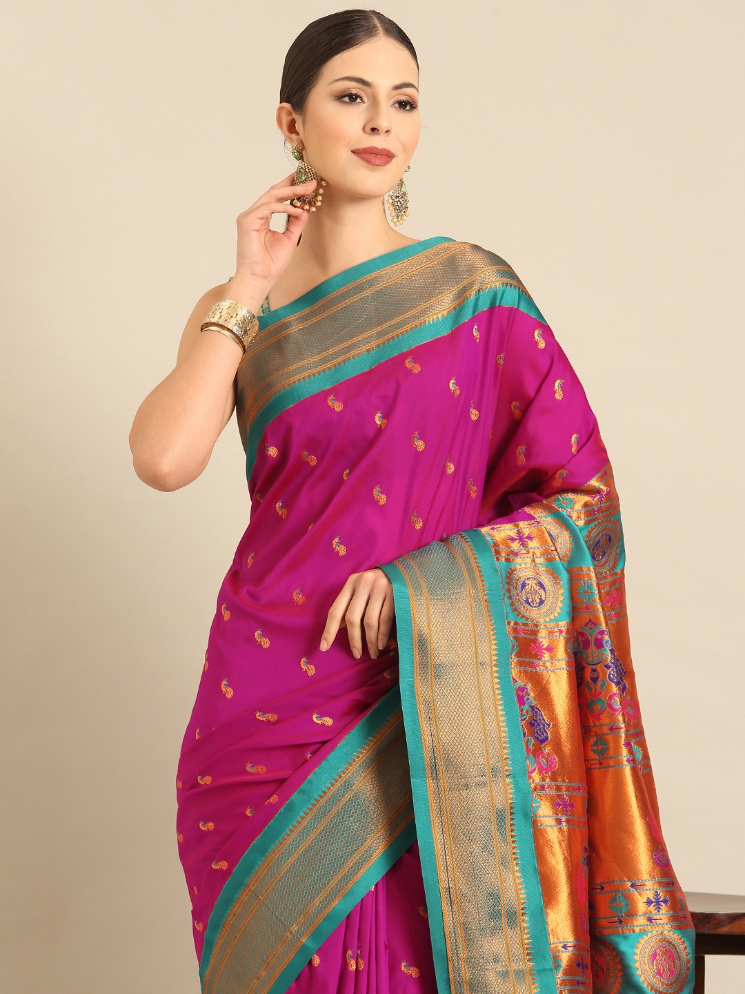 

Varkala Silk Sarees Ethnic Motifs Zari Paithani Saree, Magenta