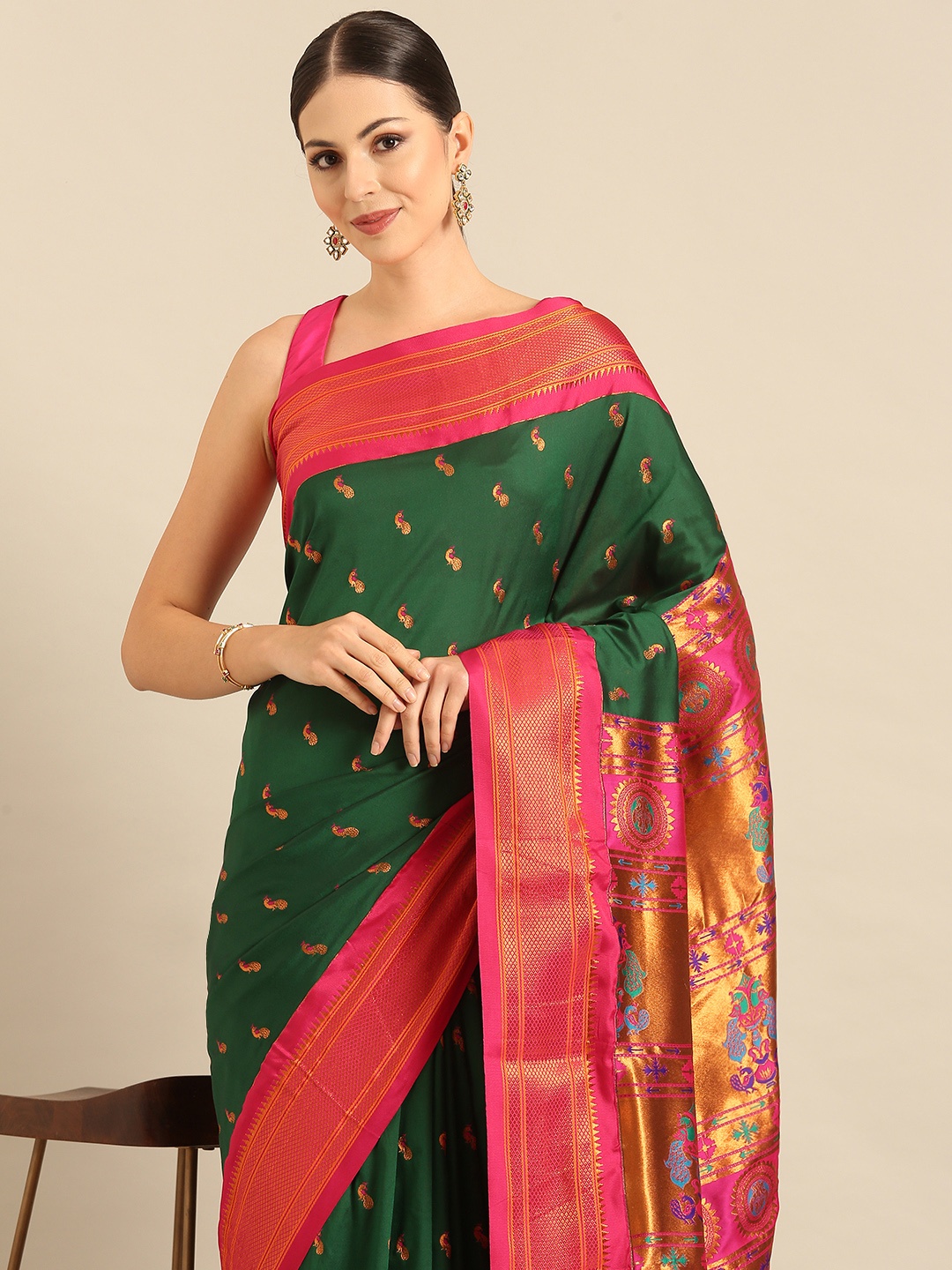 

Varkala Silk Sarees Ethnic Motifs Zari Paithani Saree, Green