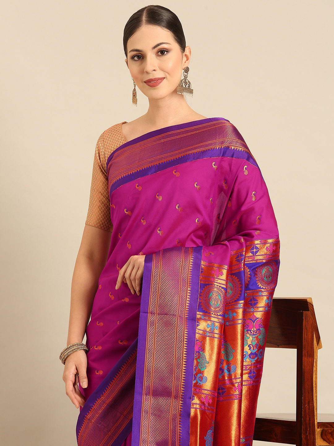 

Varkala Silk Sarees Ethnic Motifs Zari Silk Blend Designer Paithani Saree, Magenta