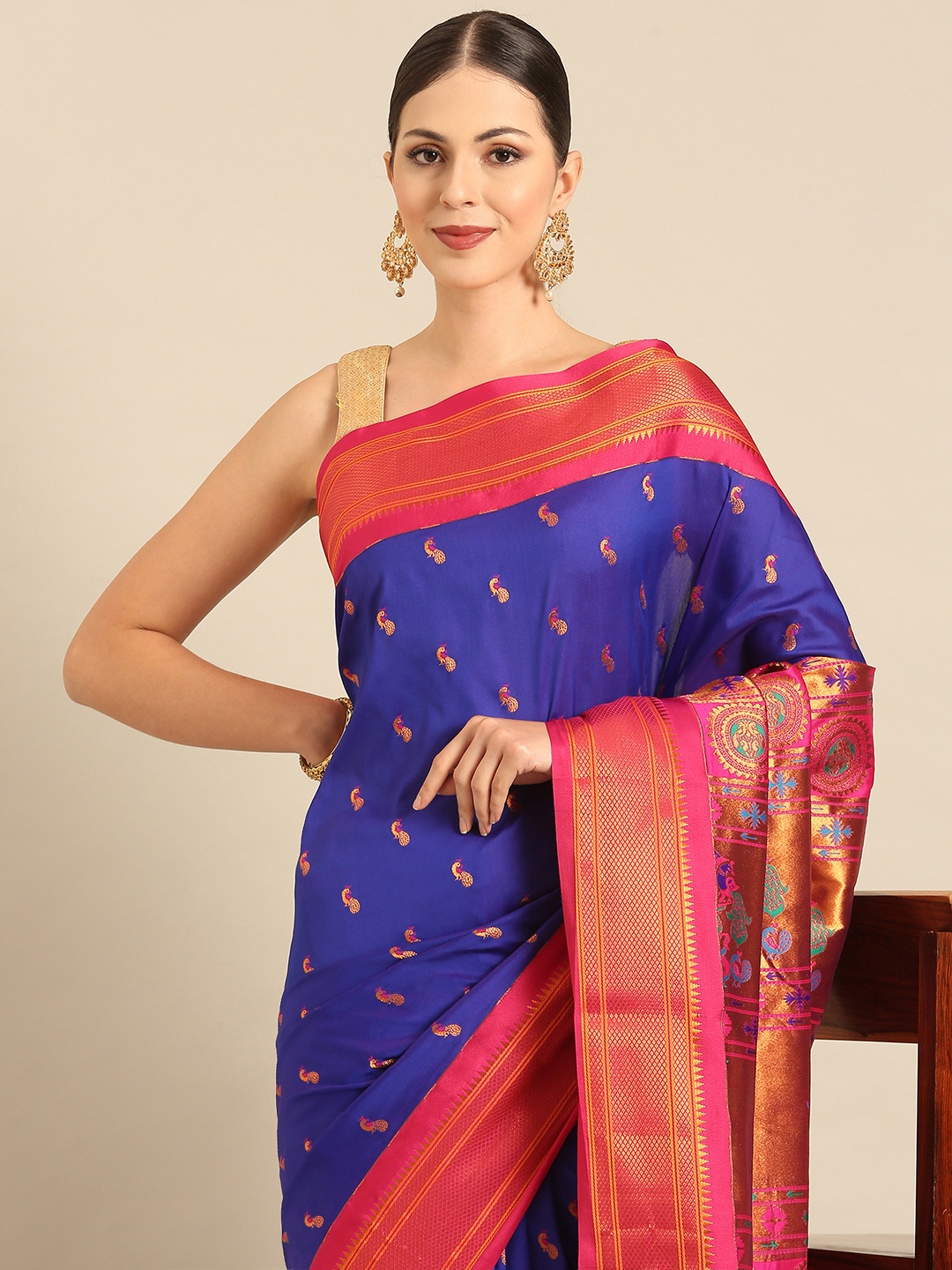 

Varkala Silk Sarees Ethnic Motifs Zari Paithani Saree, Blue