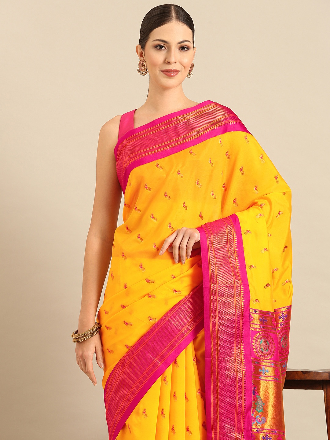 

Varkala Silk Sarees Ethnic Motifs Zari Paithani Saree, Gold