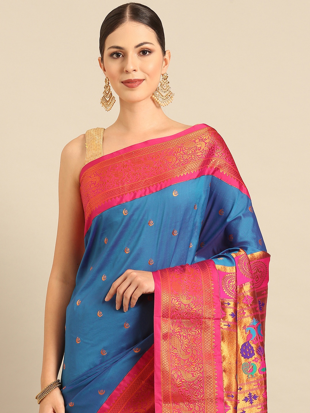 

Varkala Silk Sarees Ethnic Motifs Zari Paithani Saree, Blue