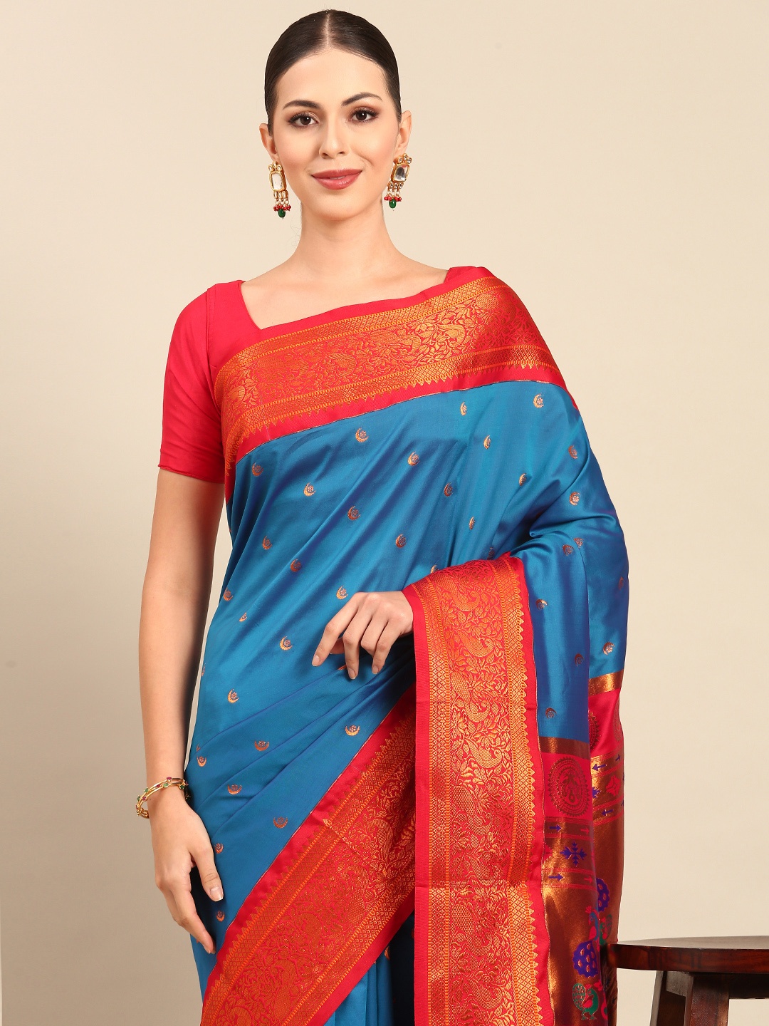 

Varkala Silk Sarees Ethnic Motifs Zari Silk Blend Designer Paithani Saree, Turquoise blue
