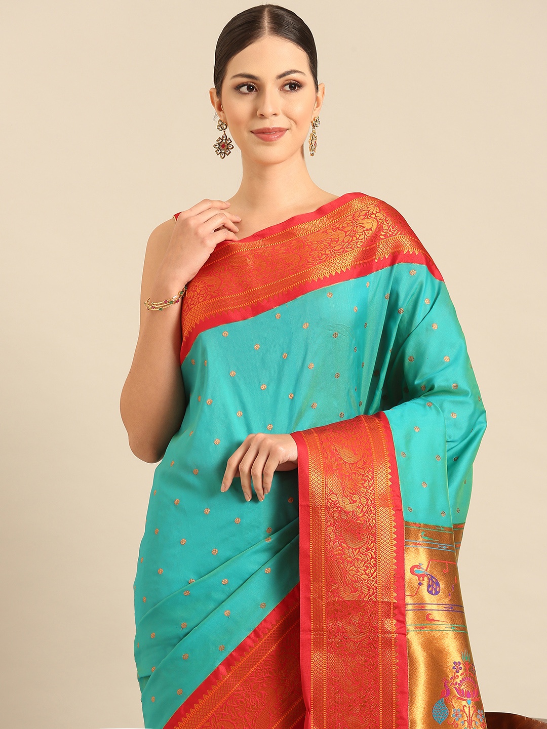 

Varkala Silk Sarees Ethnic Motifs Zari Paithani Saree, Turquoise blue