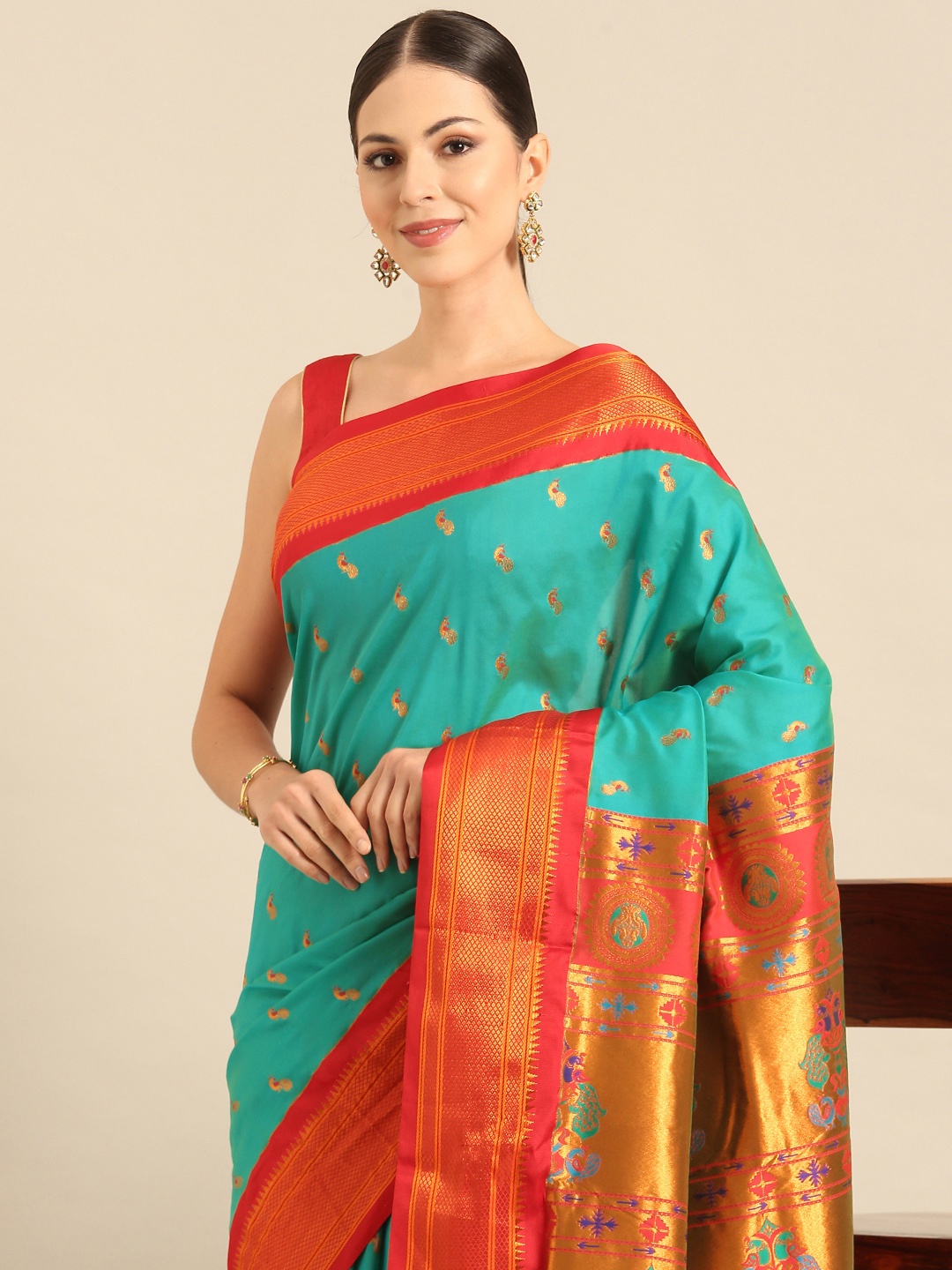 

Varkala Silk Sarees Ethnic Motifs Zari Paithani Saree, Sea green