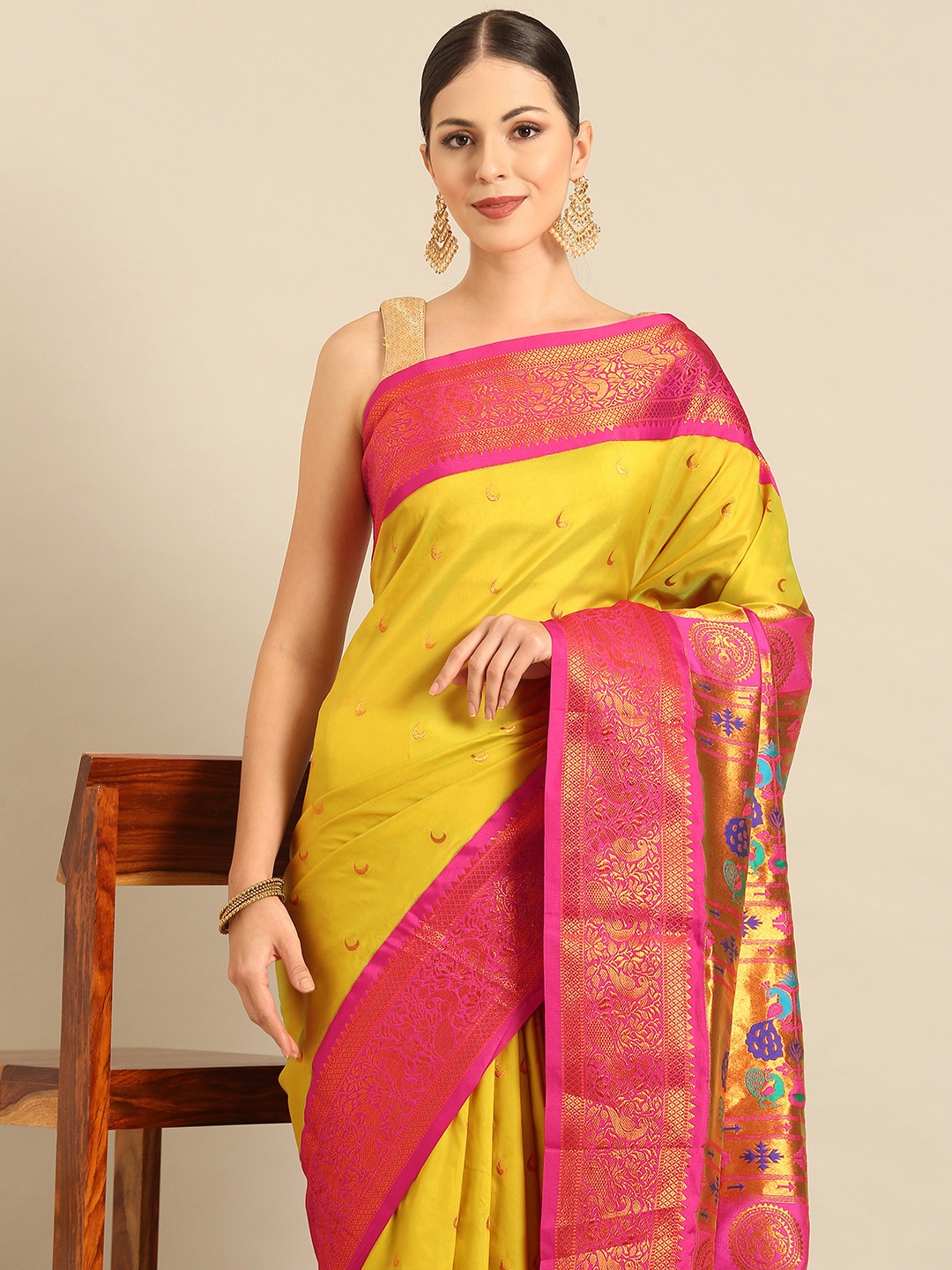 

Varkala Silk Sarees Ethnic Motifs Zari Paithani Saree, Beige