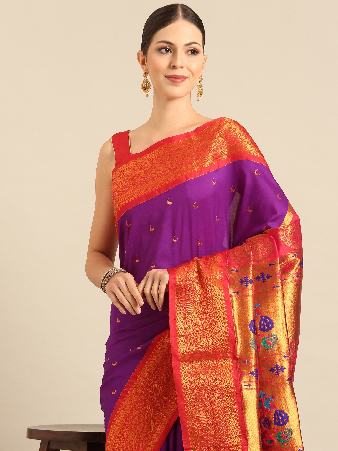 

Varkala Silk Sarees Ethnic Motifs Zari Silk Blend Designer Paithani Saree, Purple