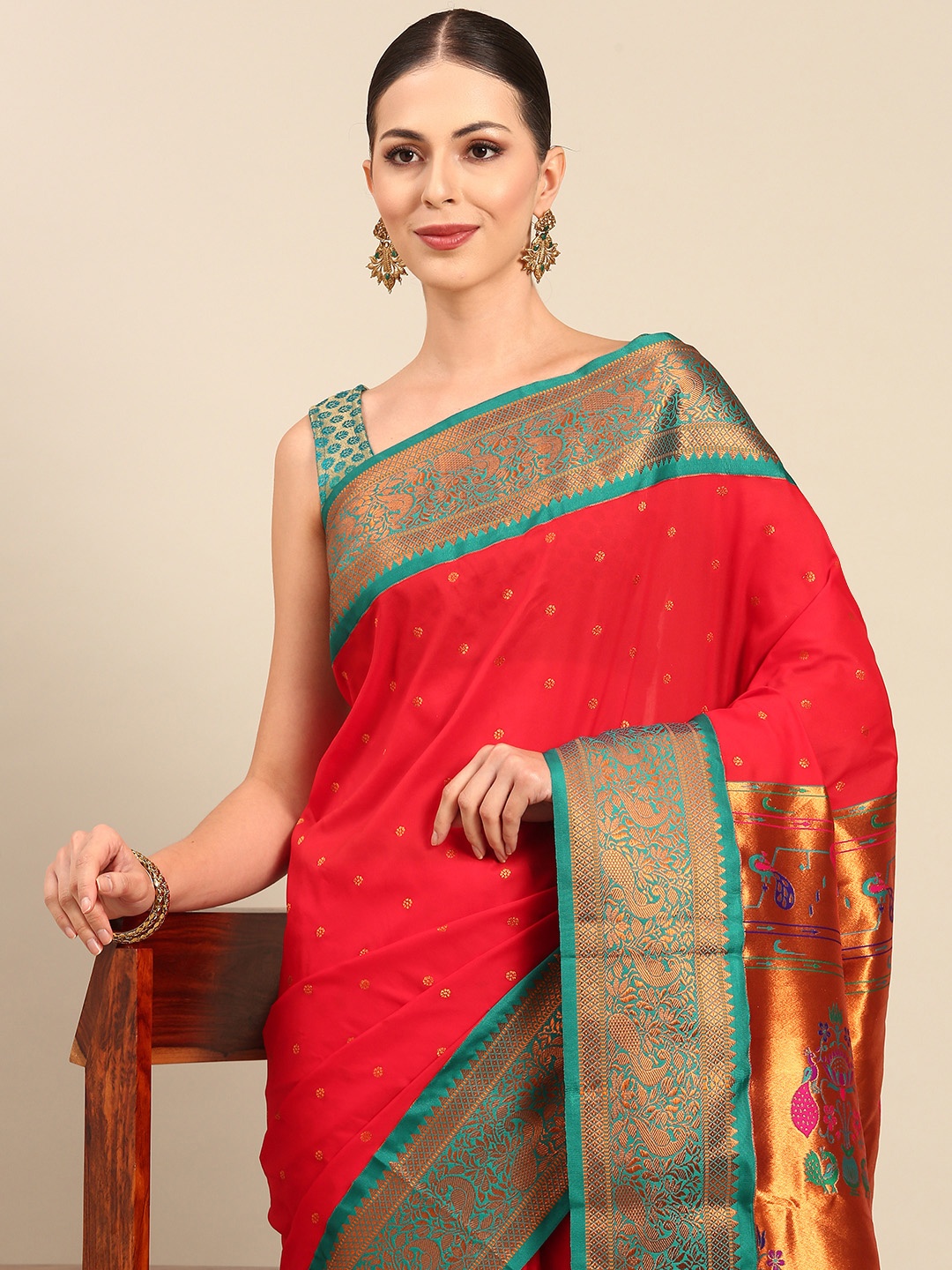 

Varkala Silk Sarees Ethnic Motifs Zari Silk Blend Designer Paithani Saree, Red