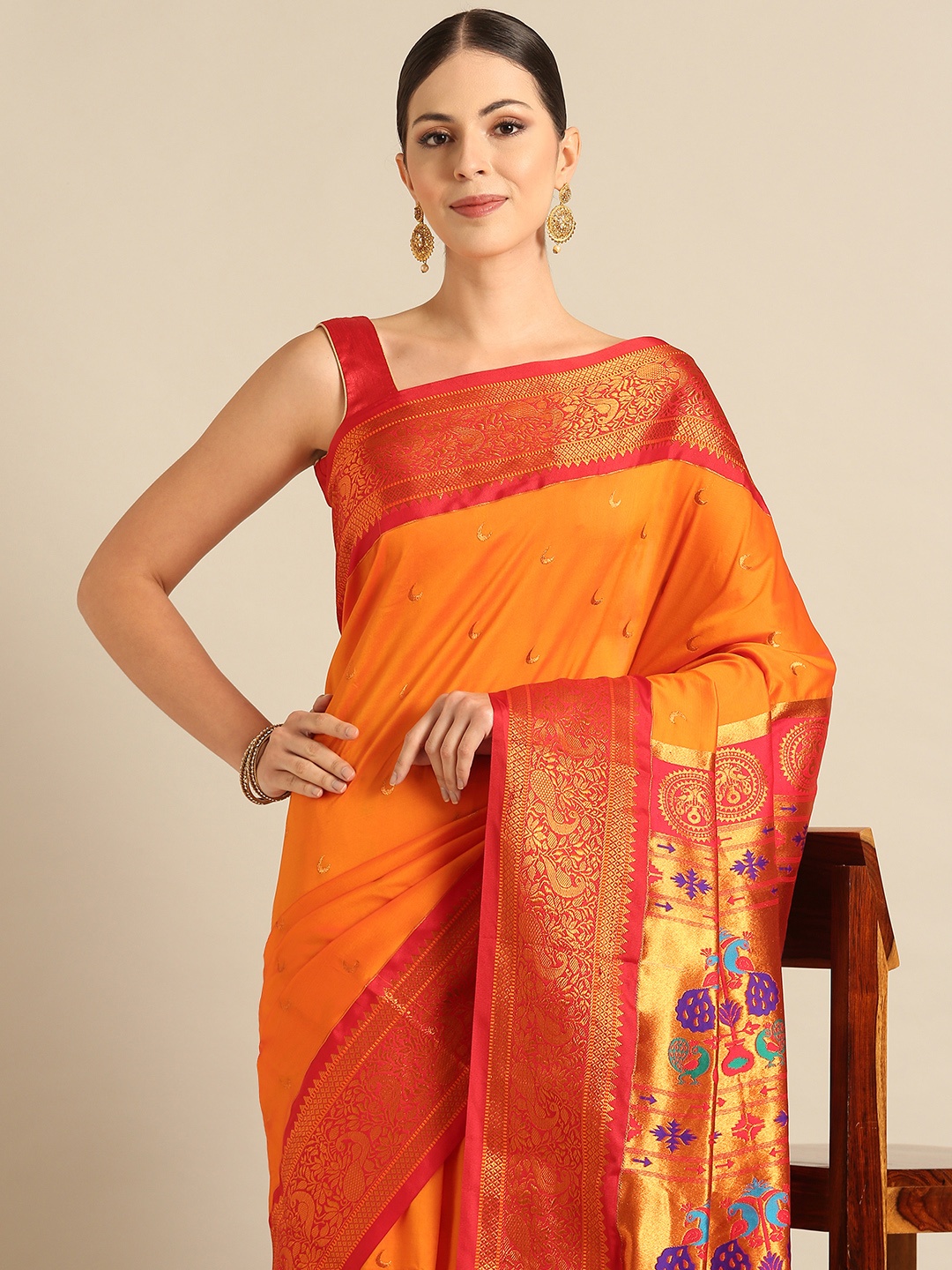 

Varkala Silk Sarees Ethnic Motifs Zari Paithani Saree, Orange