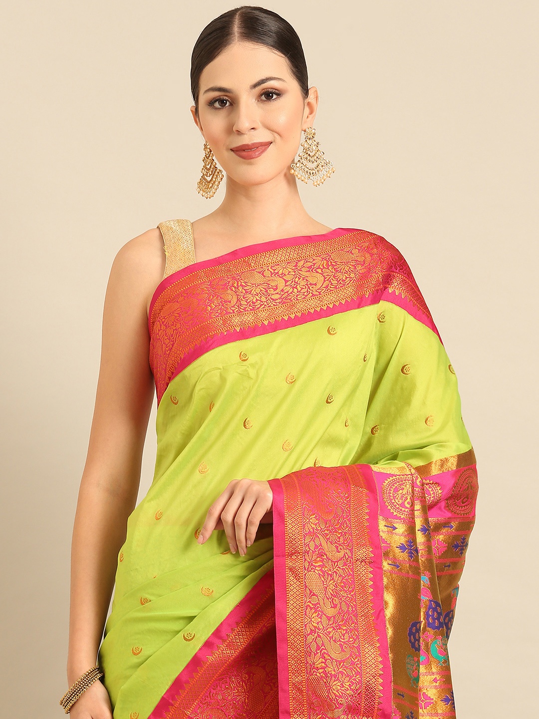 

Varkala Silk Sarees Ethnic Motifs Zari Paithani Saree, Fluorescent green