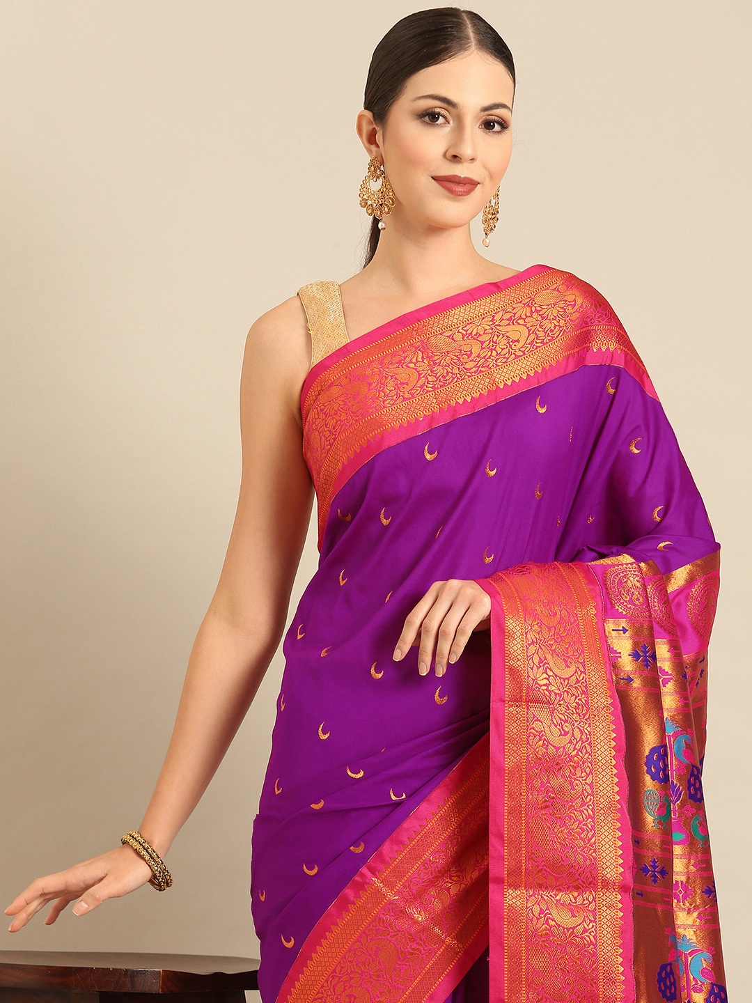 

Varkala Silk Sarees Ethnic Motifs Zari Silk Blend Designer Paithani Saree, Purple
