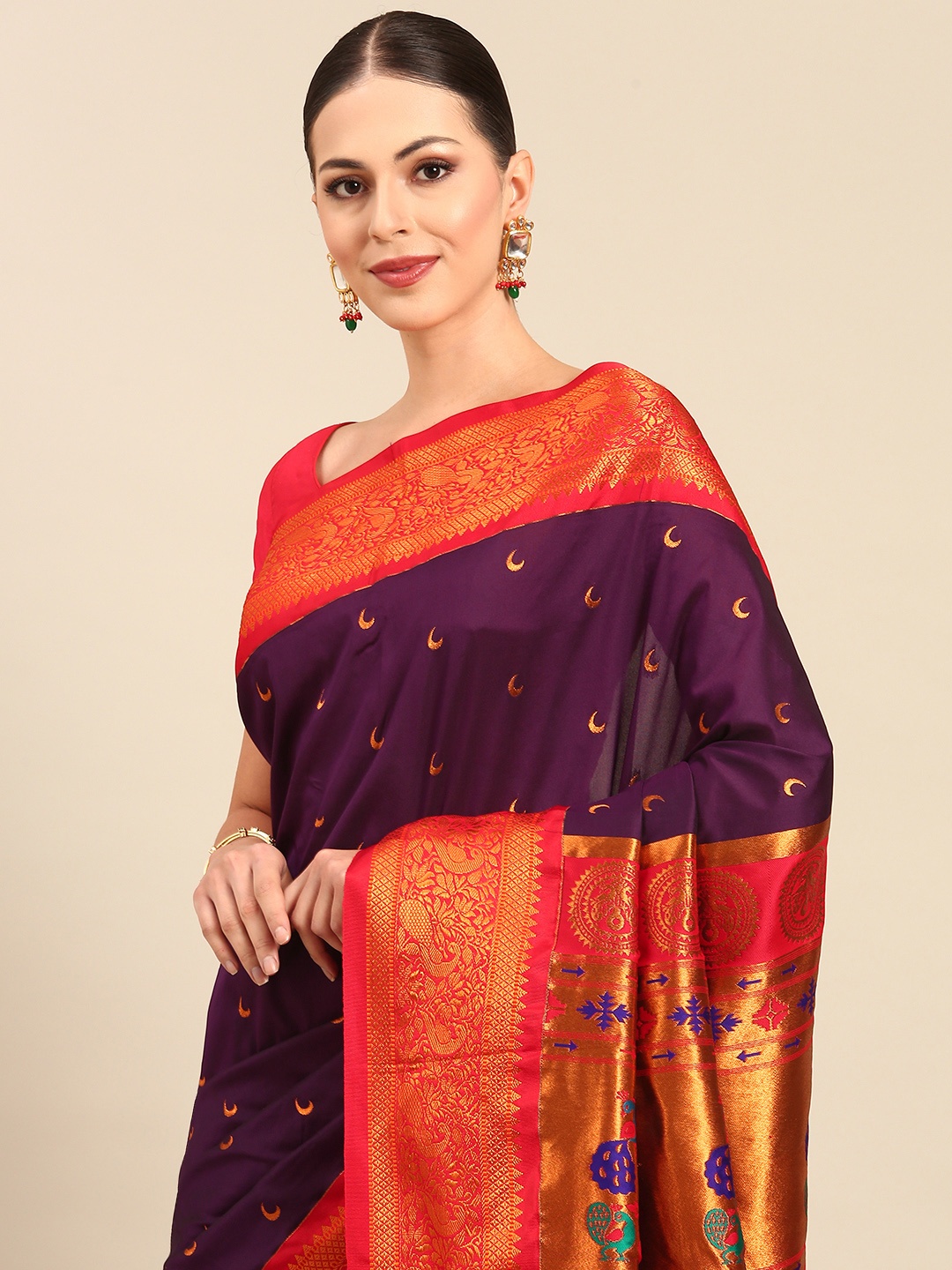 

Varkala Silk Sarees Ethnic Motifs Zari Silk Blend Designer Paithani Saree, Burgundy