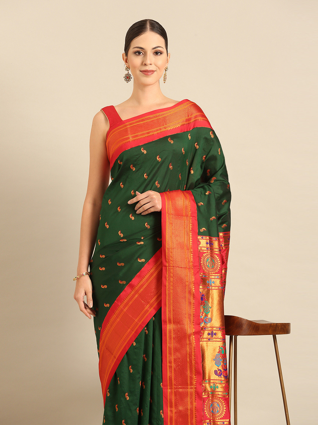 

Varkala Silk Sarees Ethnic Motifs Zari Paithani Saree, Green