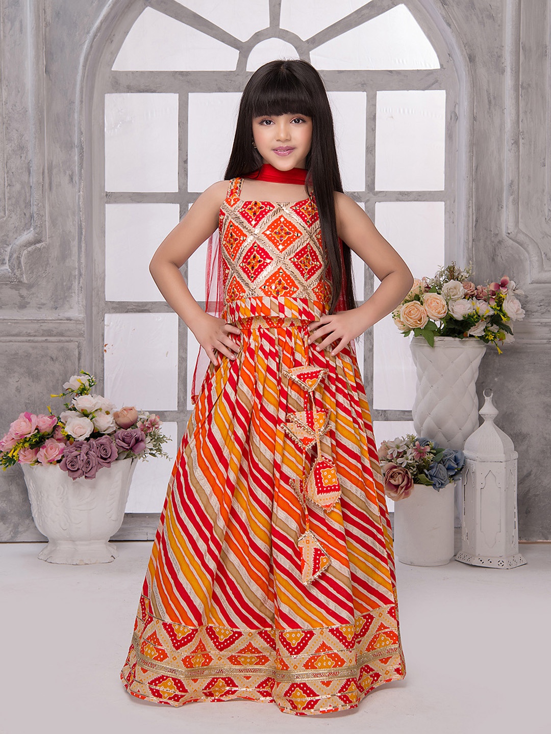 

Tiny Kingdom Girls Printed Ready to Wear Lehenga & Blouse With Dupatta, Orange