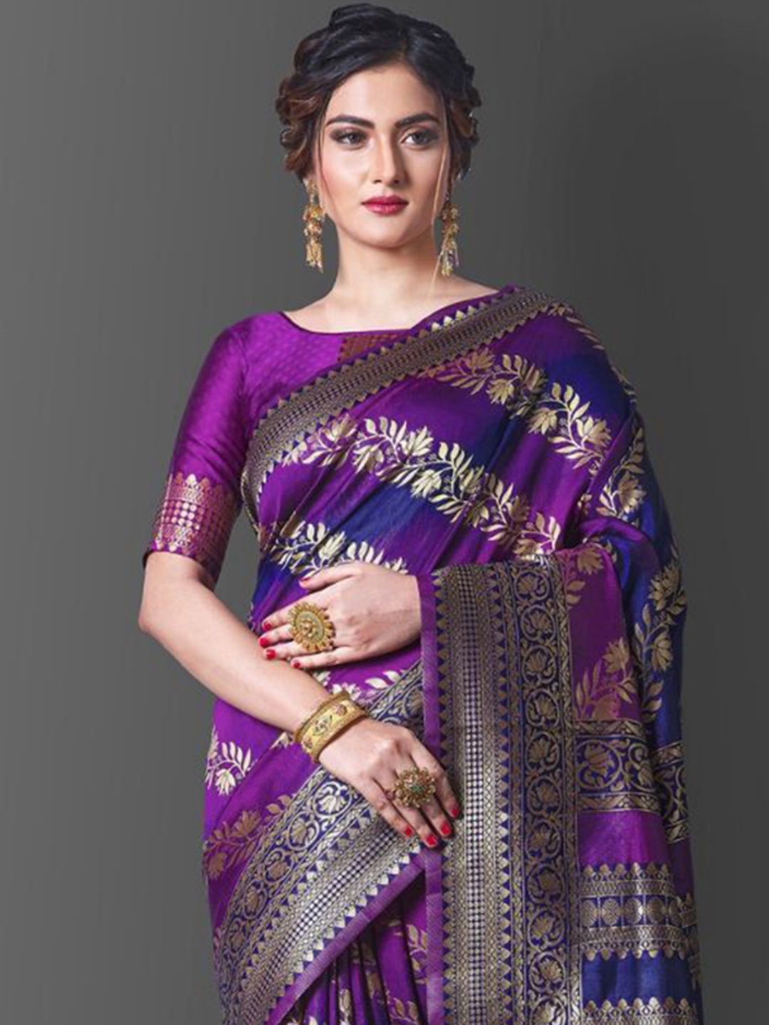 

Areca Designer Floral Woven Design Zari Pure Silk Banarasi Saree, Purple