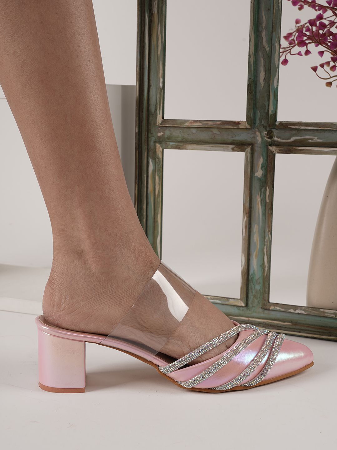 

DressBerry Women Embellished Party Block Sandals, Pink