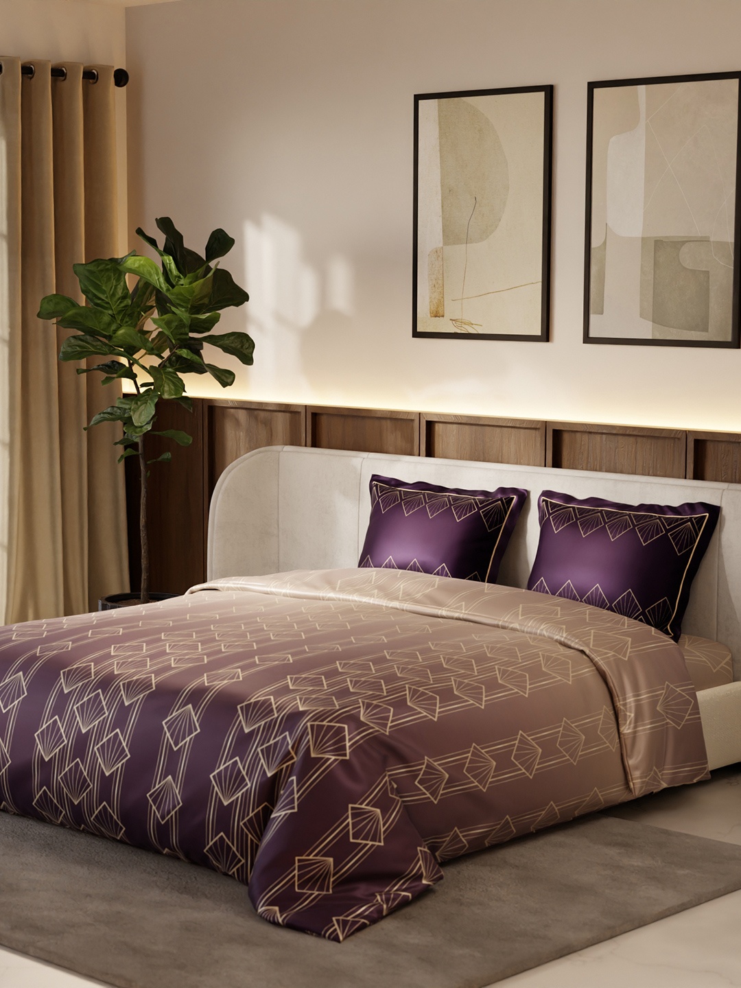 

Stoa Paris Lumiere Purple & Beige Geometric AC Room 150 GSM Satin King Comforter