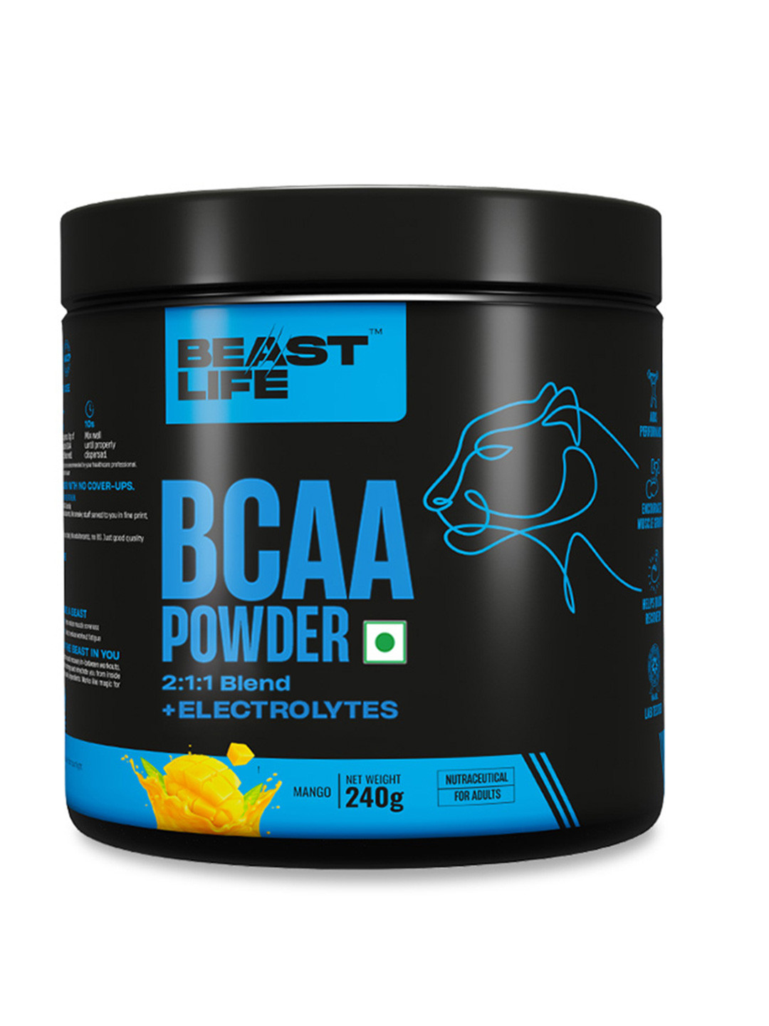 

BeastLife BCAA & Other Muscle Support Powder- Mango Flavour - 240 gms, Black
