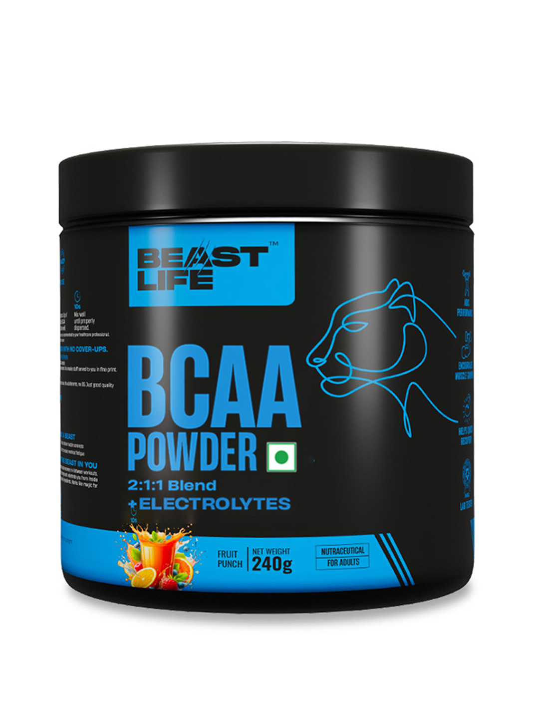 

BeastLife BCAA & Other Muscle Support Powder Fruit Punch 240 gms, Black