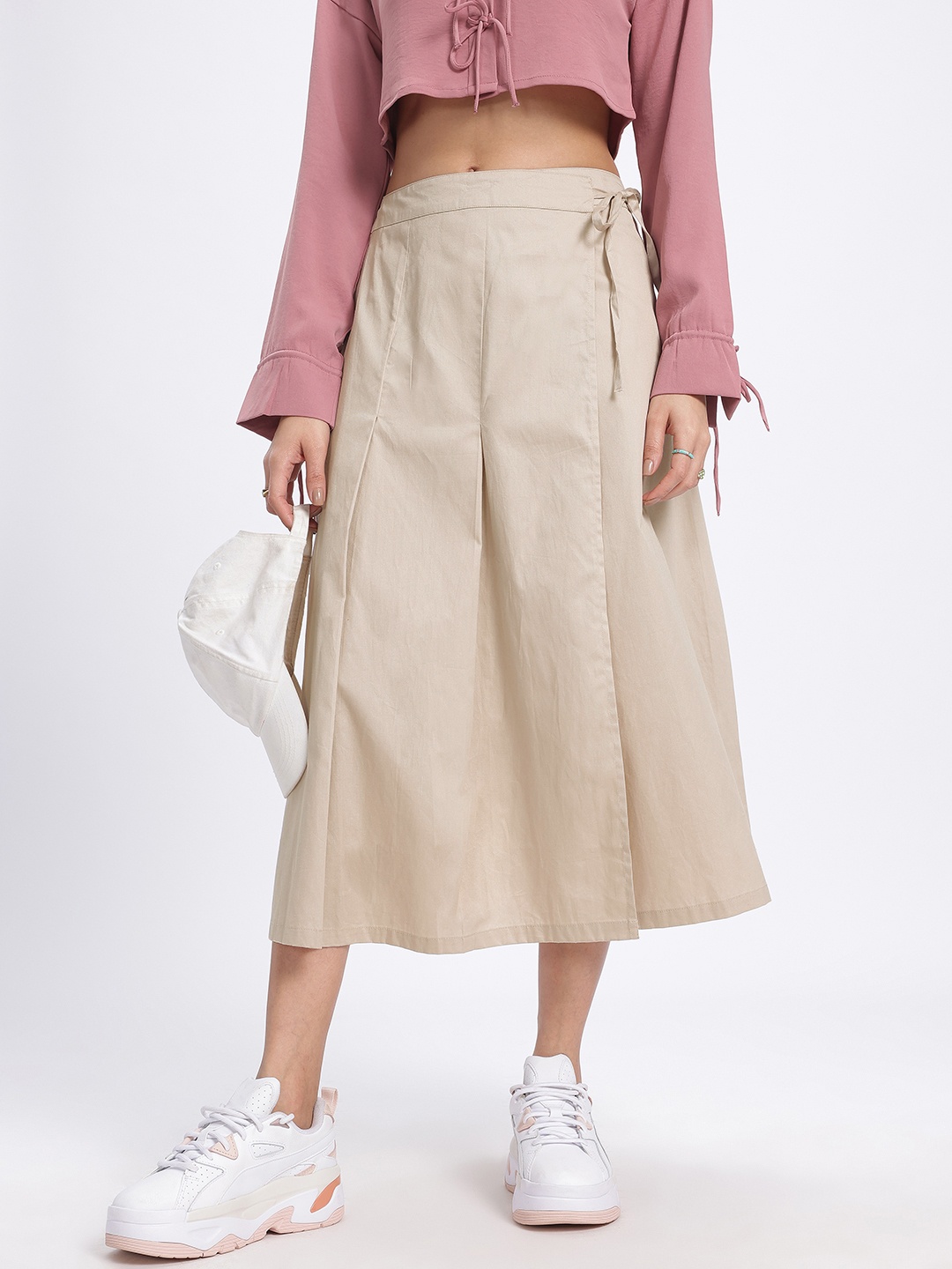 

glitchez Pleats Flex Pure Cotton Midi Wrap Skirt with Tie-Ups, Taupe