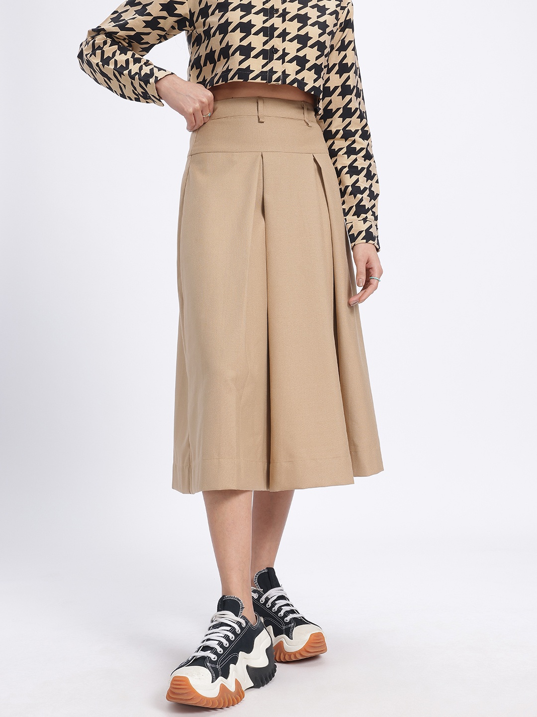 

glitchez Loving Pleats Mid-Rise Midi Flared Skirt, Brown
