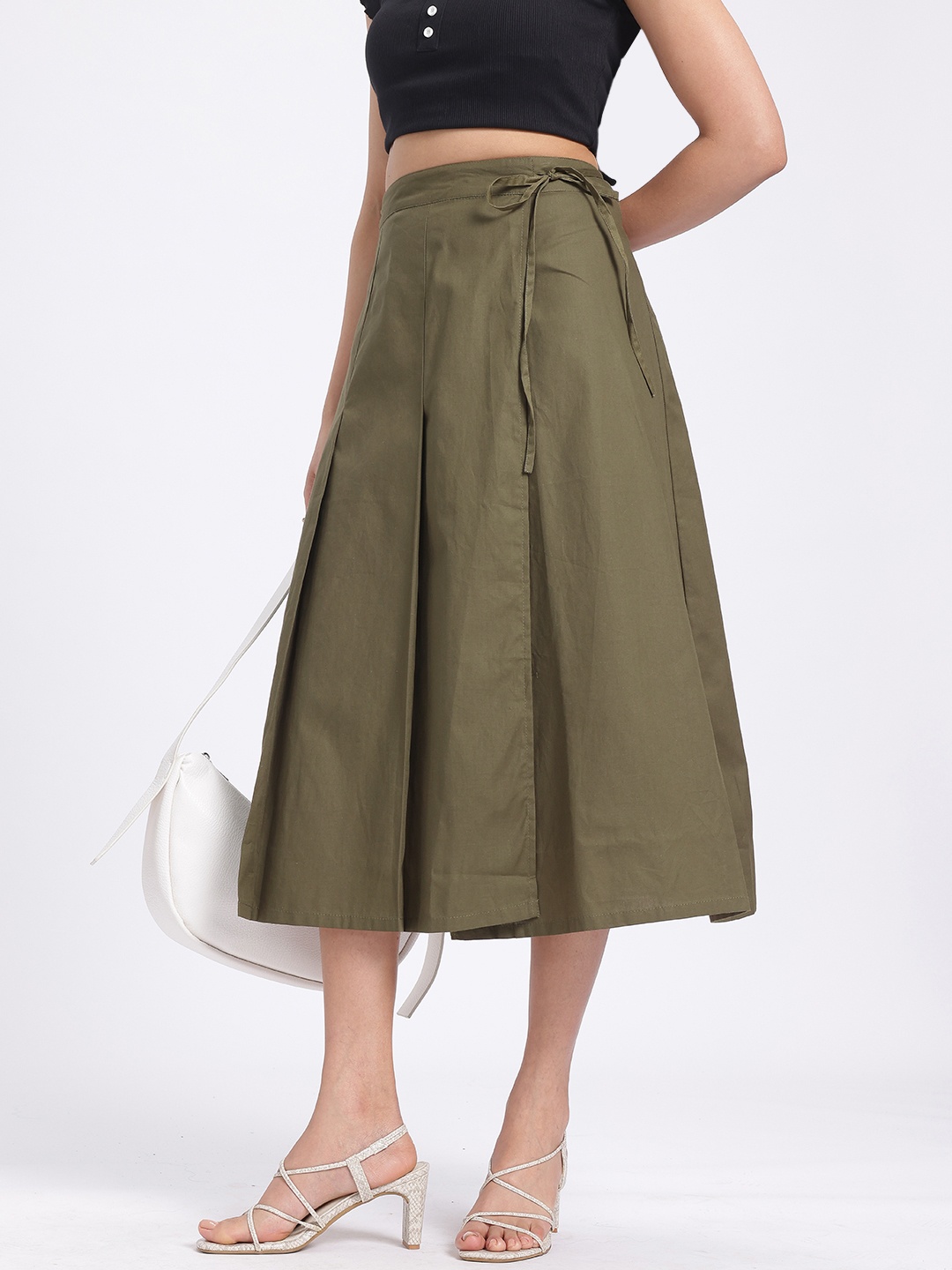 

glitchez Military Hues Flex Pleated Pure Cotton Midi Wrap Skirt with Tie-Ups, Olive