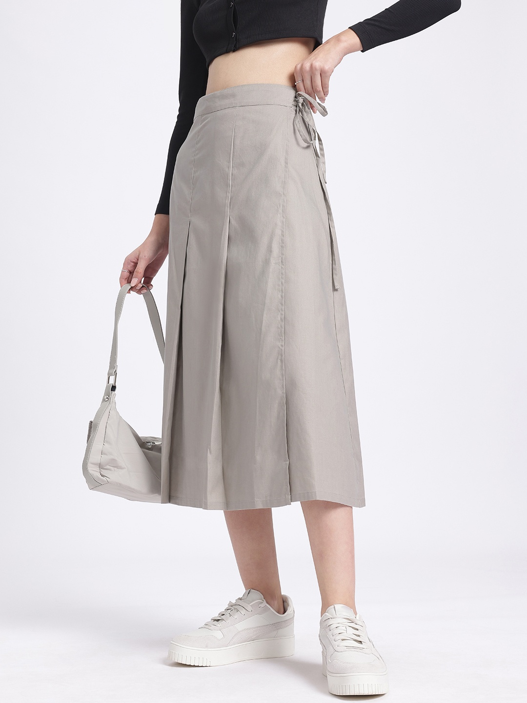 

glitchez Fun With Pleats Pure Cotton Midi Wrap Skirt with Tie-Ups, Grey