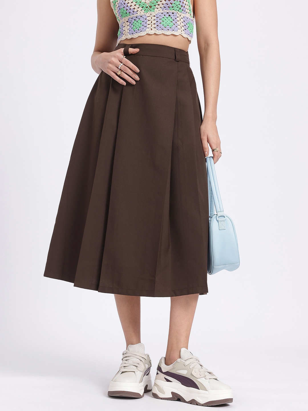 

glitchez Pleated Perfection Flared Midi Skirt, Brown