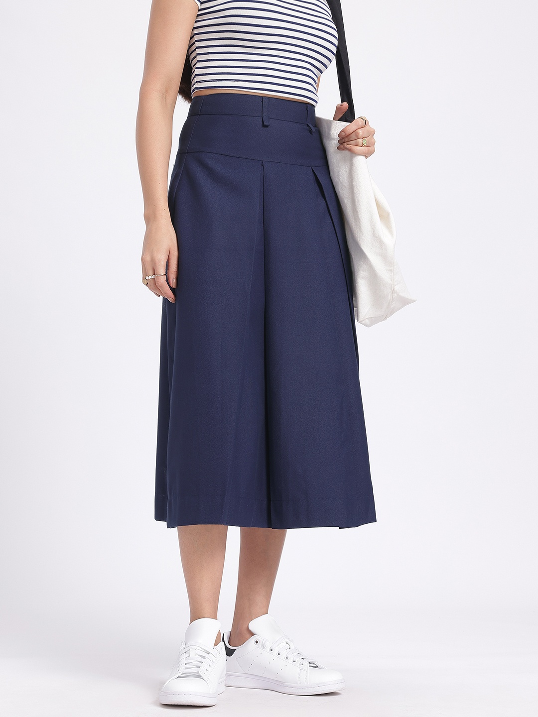 

glitchez Academia Chic Pleated Flared Midi Skirt, Navy blue