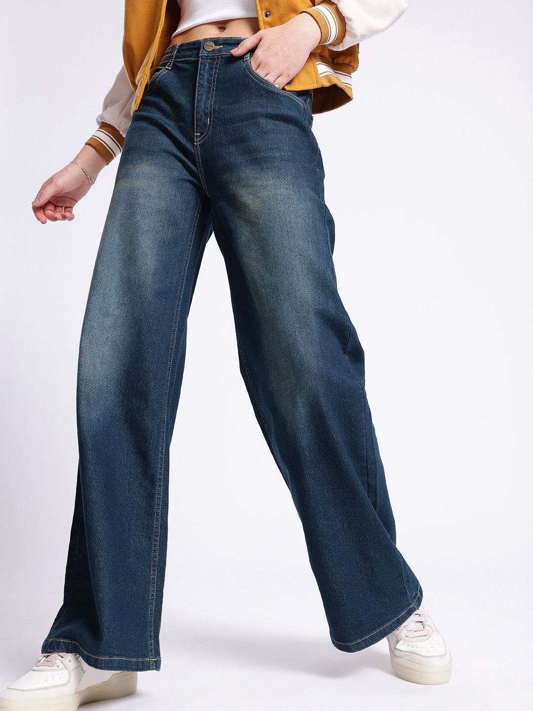 

glitchez Women Urban Savvy Wide Leg Faded Stretchable Jeans, Blue