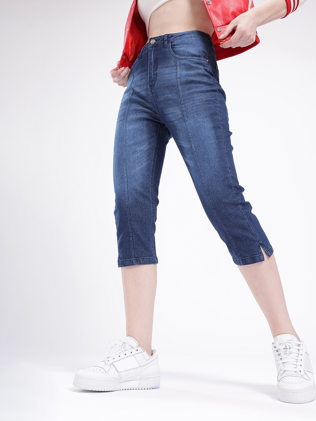 

glitchez Women Urban Cool Slim Straight Fit Faded Slit Denim Capris, Blue