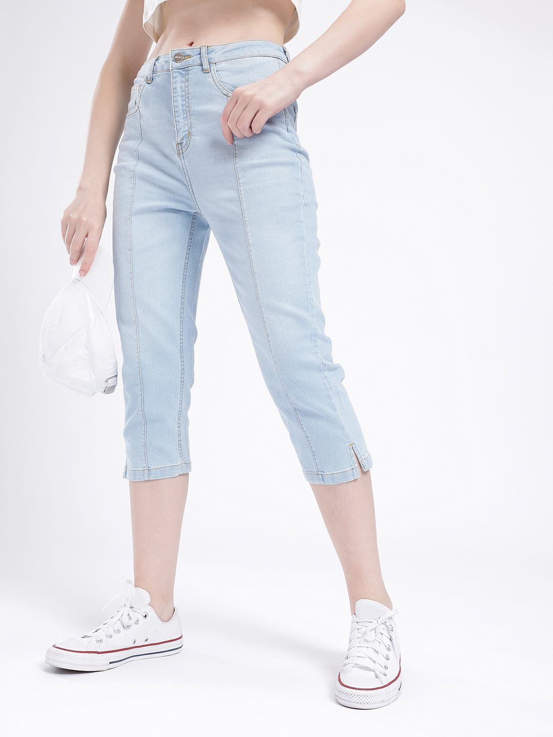 

glitchez Women Street Savvy Slim Straight Fit Slit Denim Capris, Blue