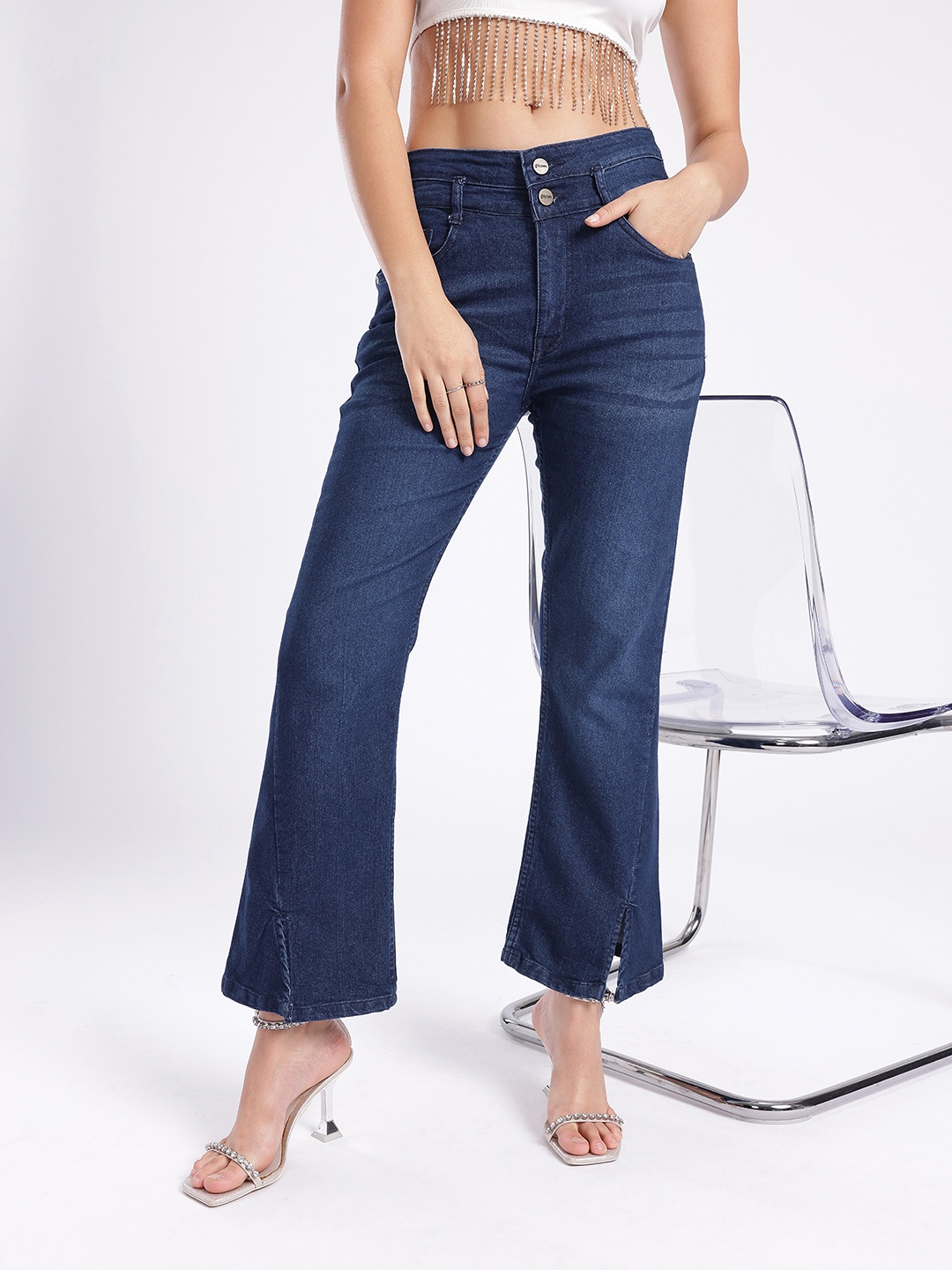 

glitchez Women Vintage Cool Bootcut Slit Stretchable Jeans, Blue