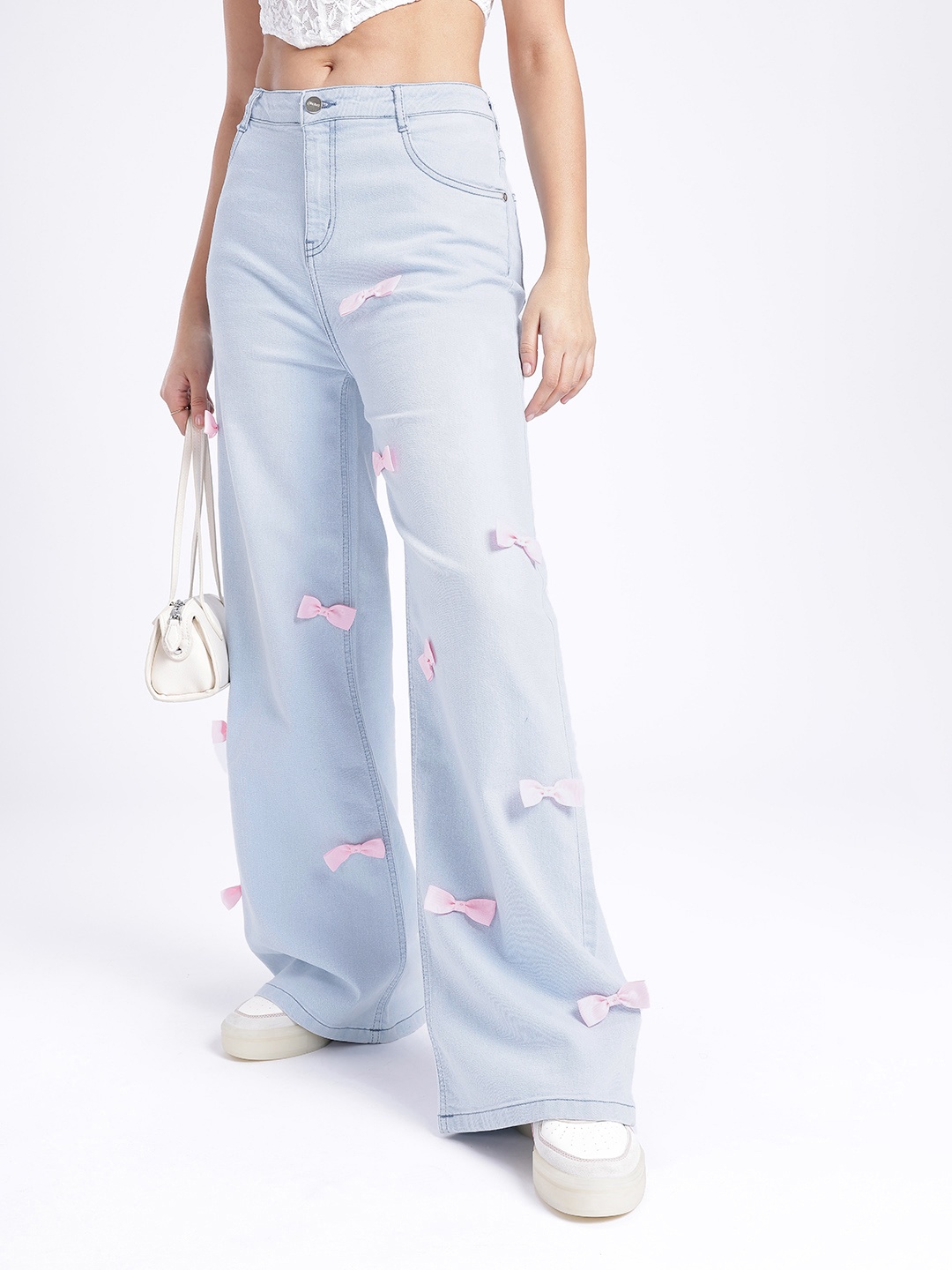 

glitchez Women Chic Charm Wide Leg Bow Detailed Jeans, Blue