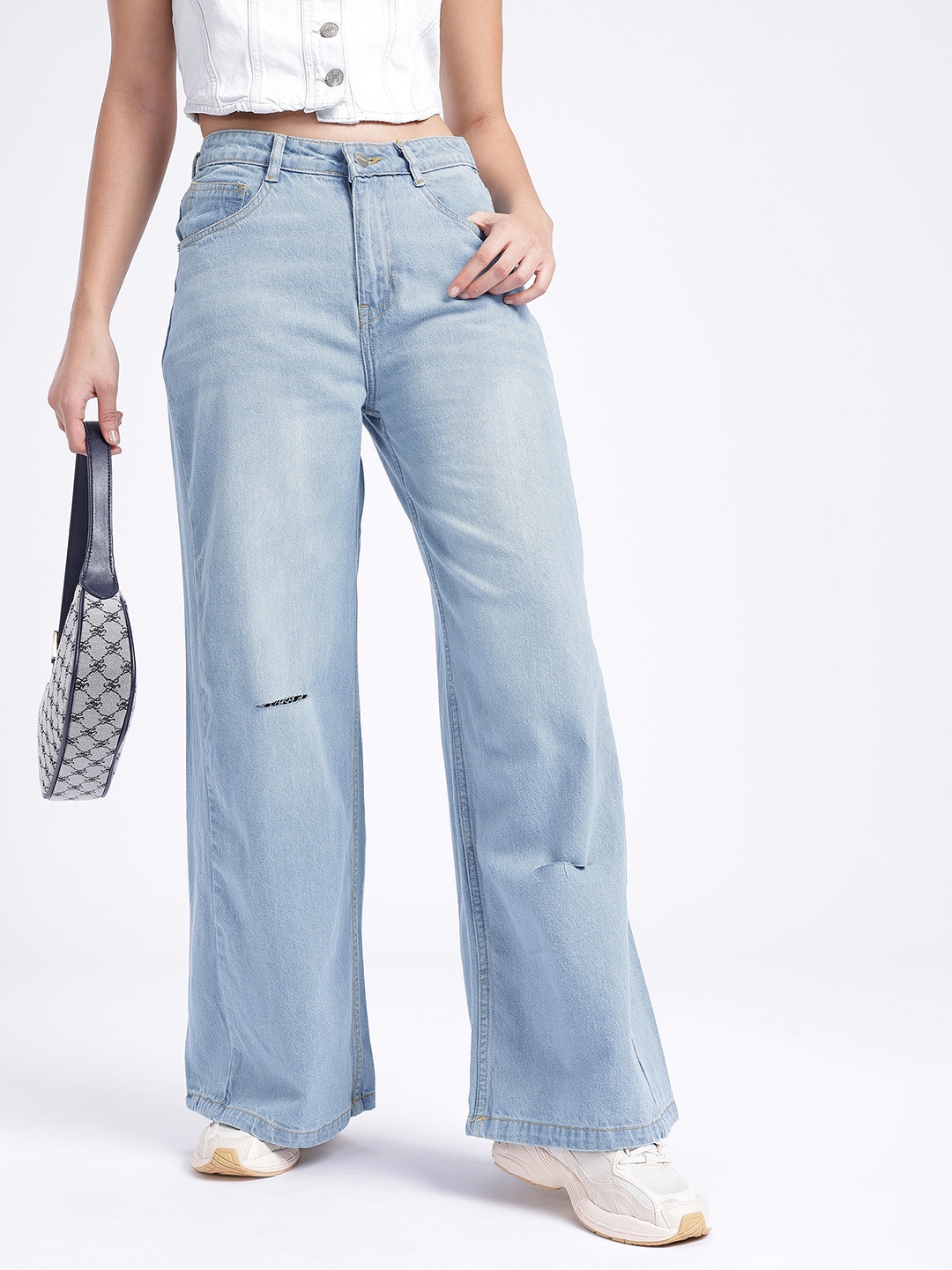 

glitchez Women Ultra Wide Leg Slash Knee Light Fade Jeans, Blue