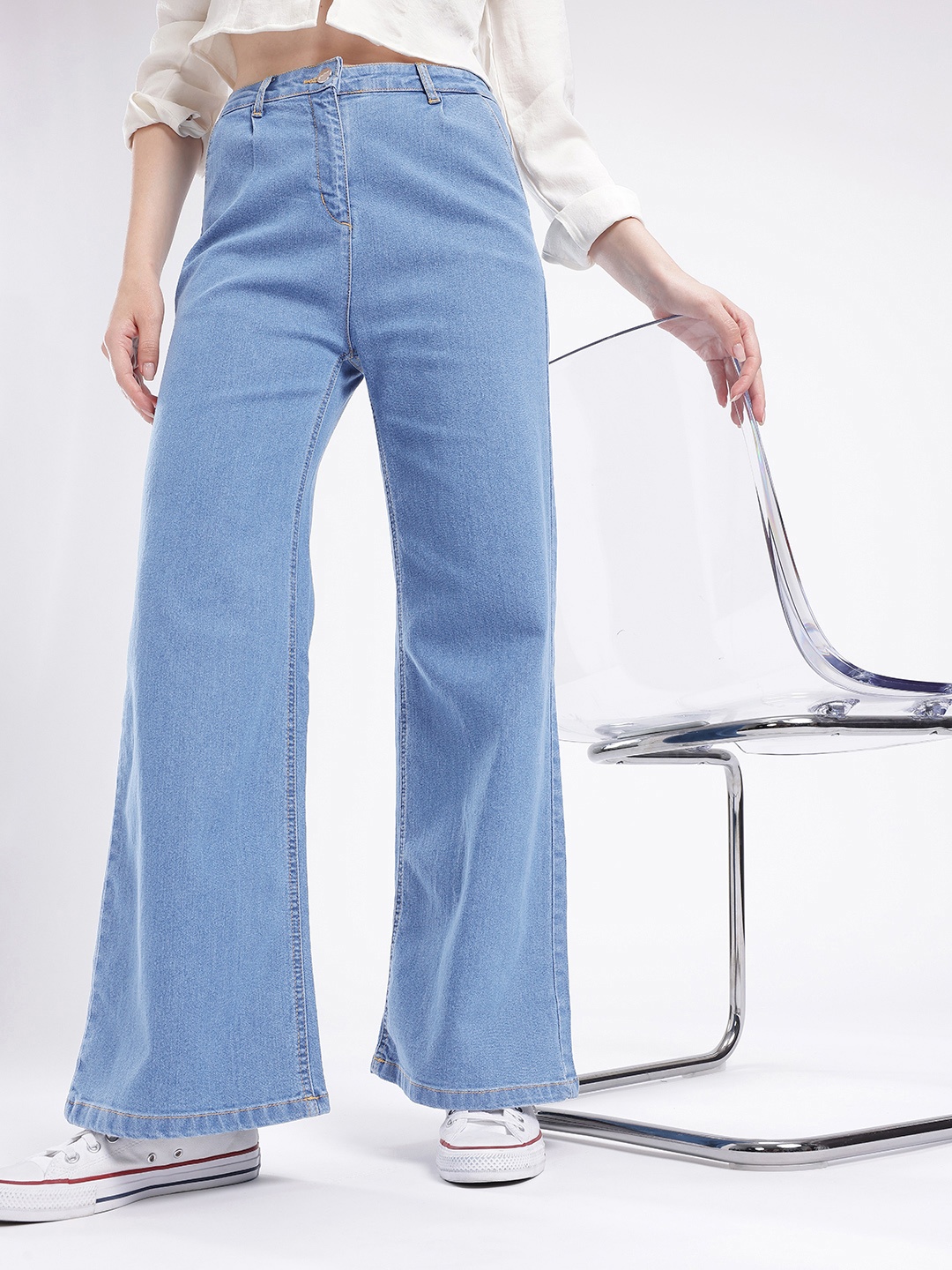 

glitchez Women Classic Cool Tailored Wide Leg Stretchable Jeans, Blue