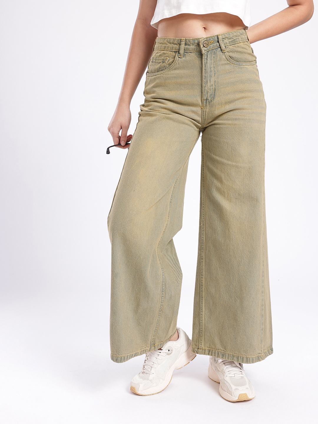 

glitchez Women Urban Cool Ultra Wide Leg Light Fade Jeans, Olive
