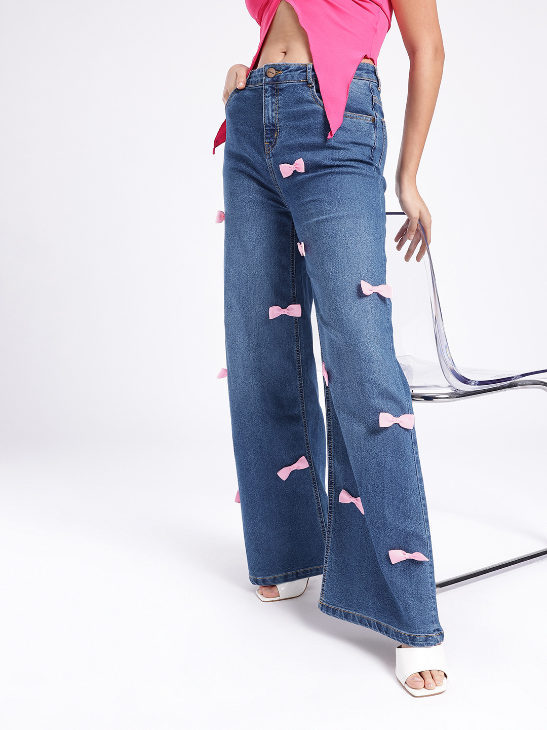 

glitchez Women Street Chic Wide Leg Bow Detailed Stretchable Jeans, Blue