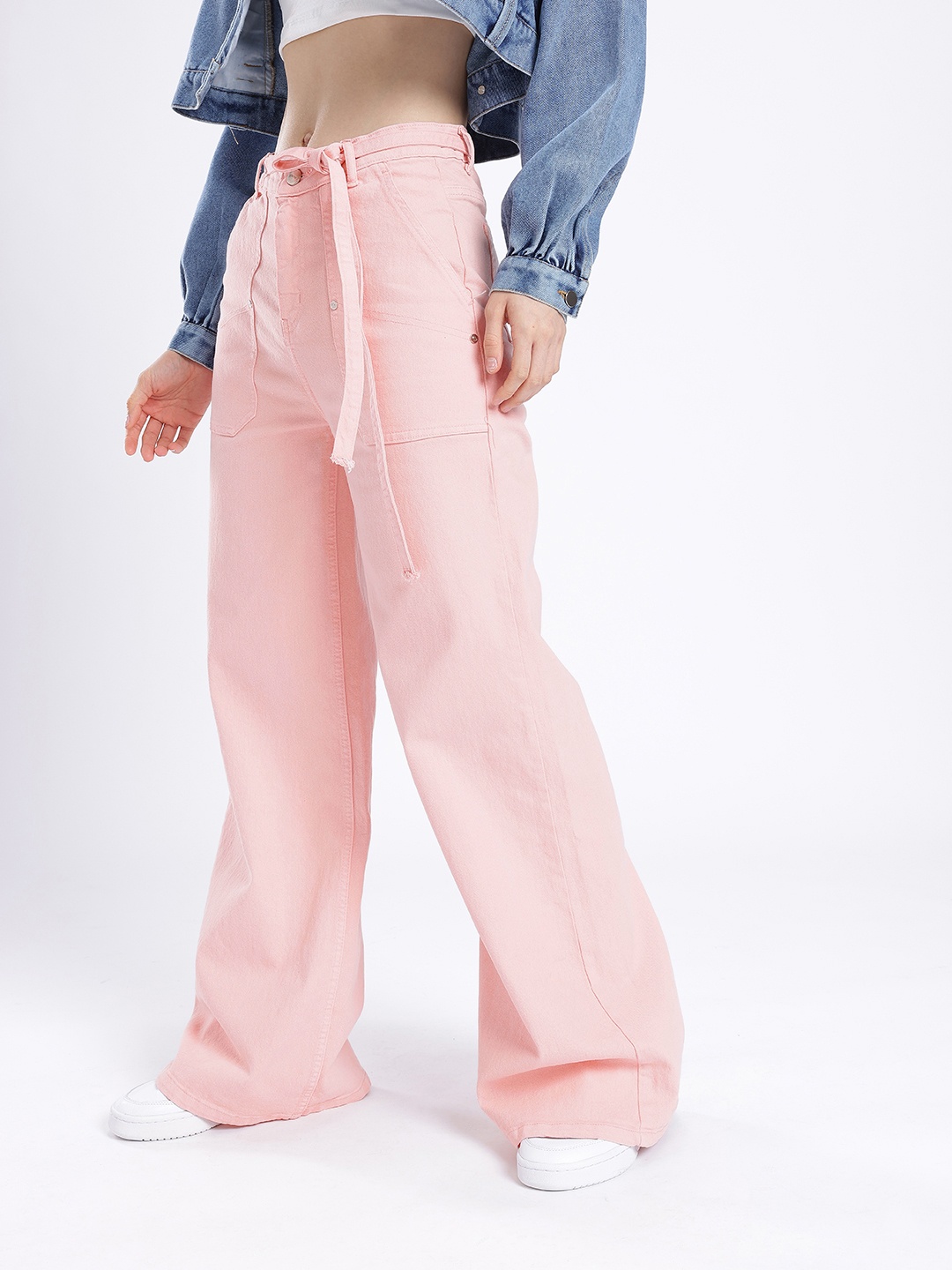 

glitchez Women Chic Vibe Wide Leg Jeans With fabric Tie-Up Belt, Pink