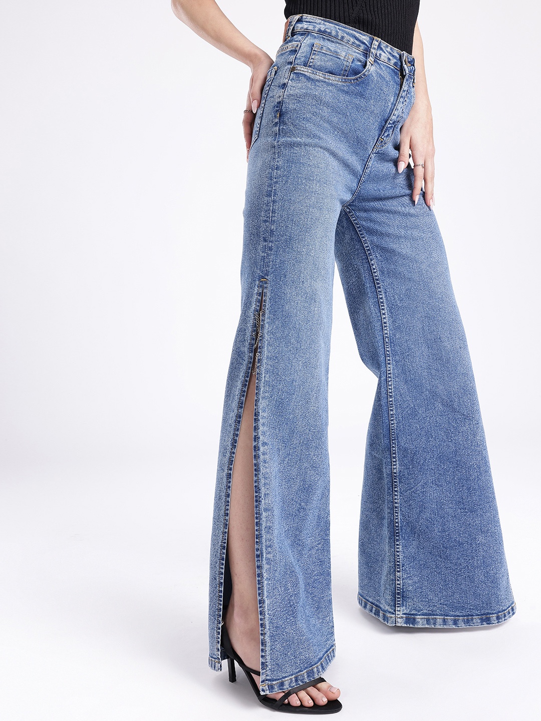 

glitchez Women Vintage Glam Wide Leg High Slit Stretchable Jeans, Blue